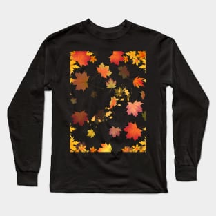 Autumn Scattered Leaf Design - Fall Leaves - Maple Leaves  - Autumn Colours - Black Background Long Sleeve T-Shirt